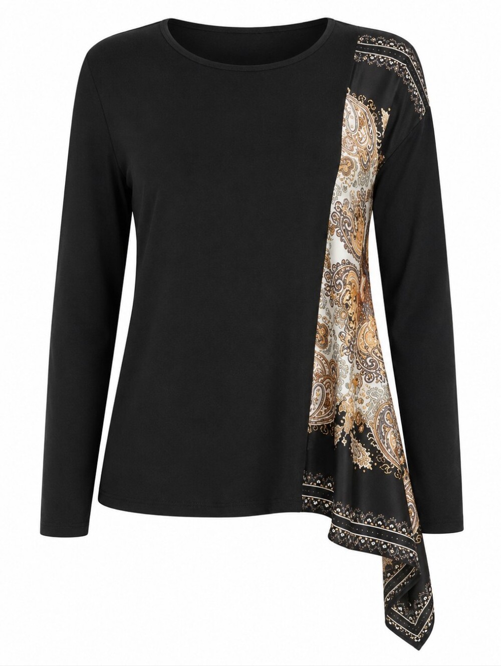 CHICO'S | Asymmetrical Paisley Scarf Hem Mixed Media Knit Top Artsy Boho | L